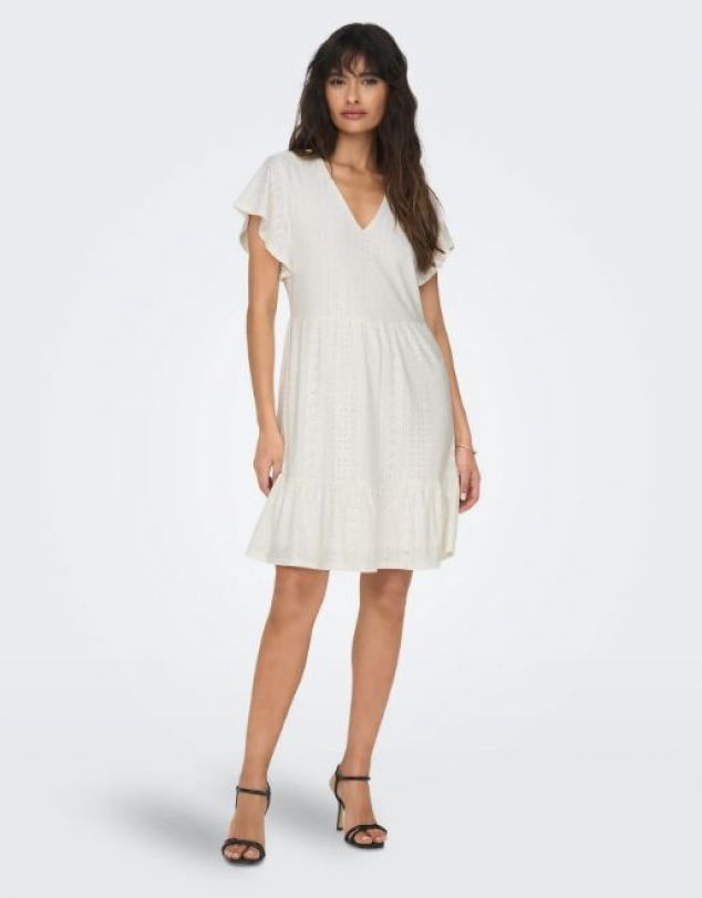 VESTIDO BLANCO CORTO CON CUELLO EN V DE MANGA CORTA DE MUJER DE ONLY